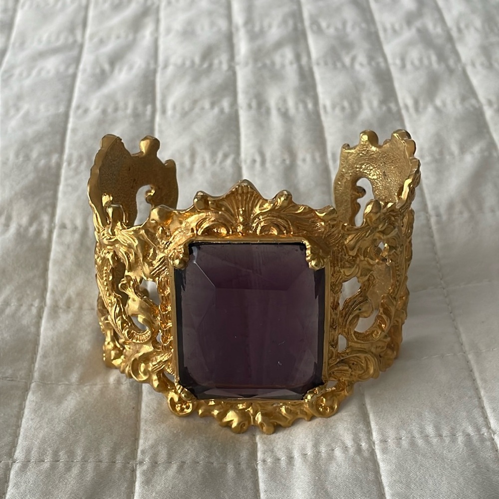 Unique Ornate Filigree Cuff Bracelet Purple Glass Stone - Thailand
